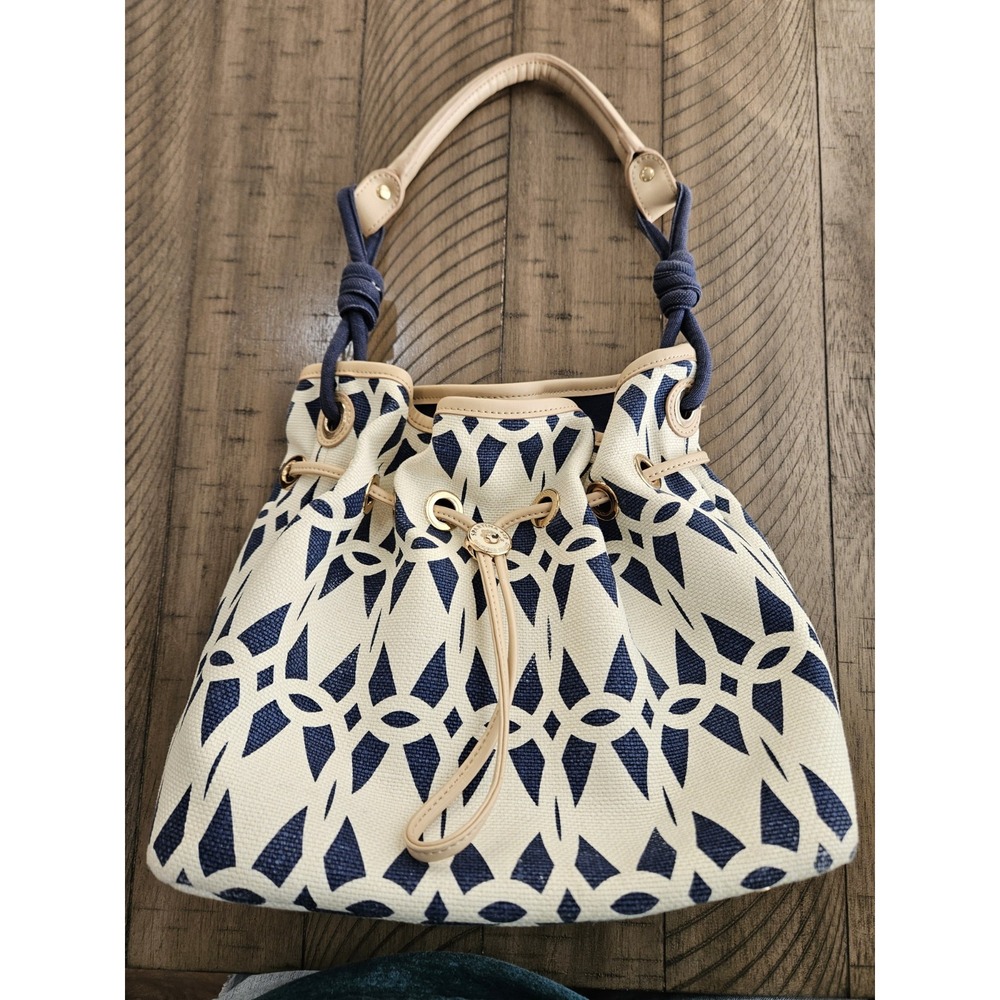 Spartina 449 Bucket Bag Blue Geo Linen Leather Drawstring Nautical Coastal Chic - Picture 2 of 16